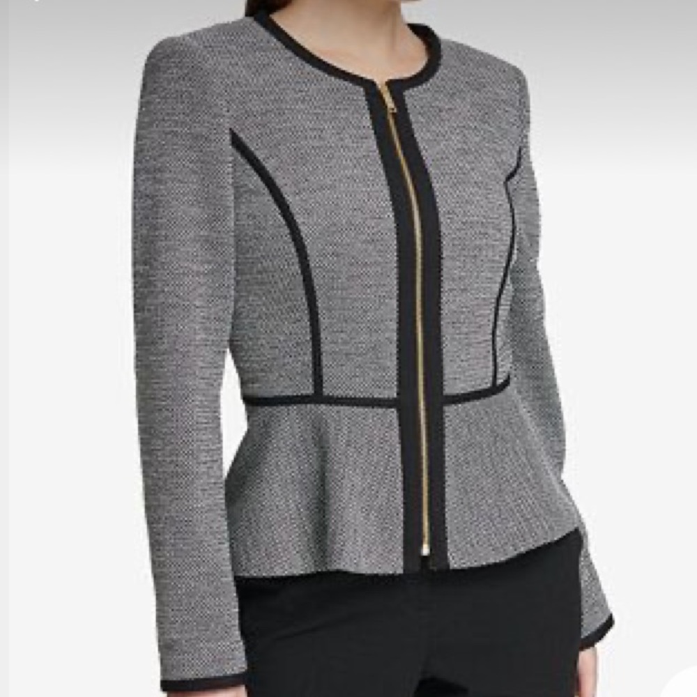 DKNY | Women's collarless contrast zip front jacket peplum blazer